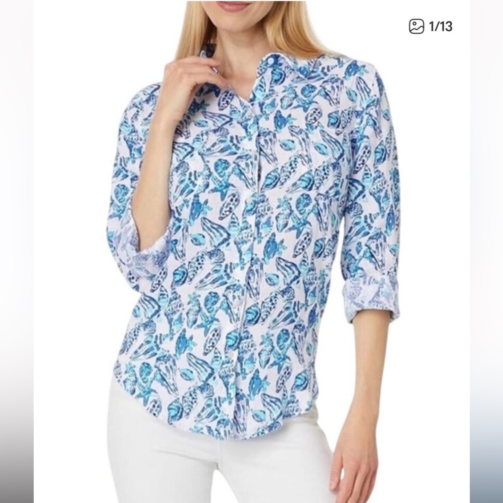 Lilly Pulitzer Women's Sea View Linen Button Down Top - Extra Large